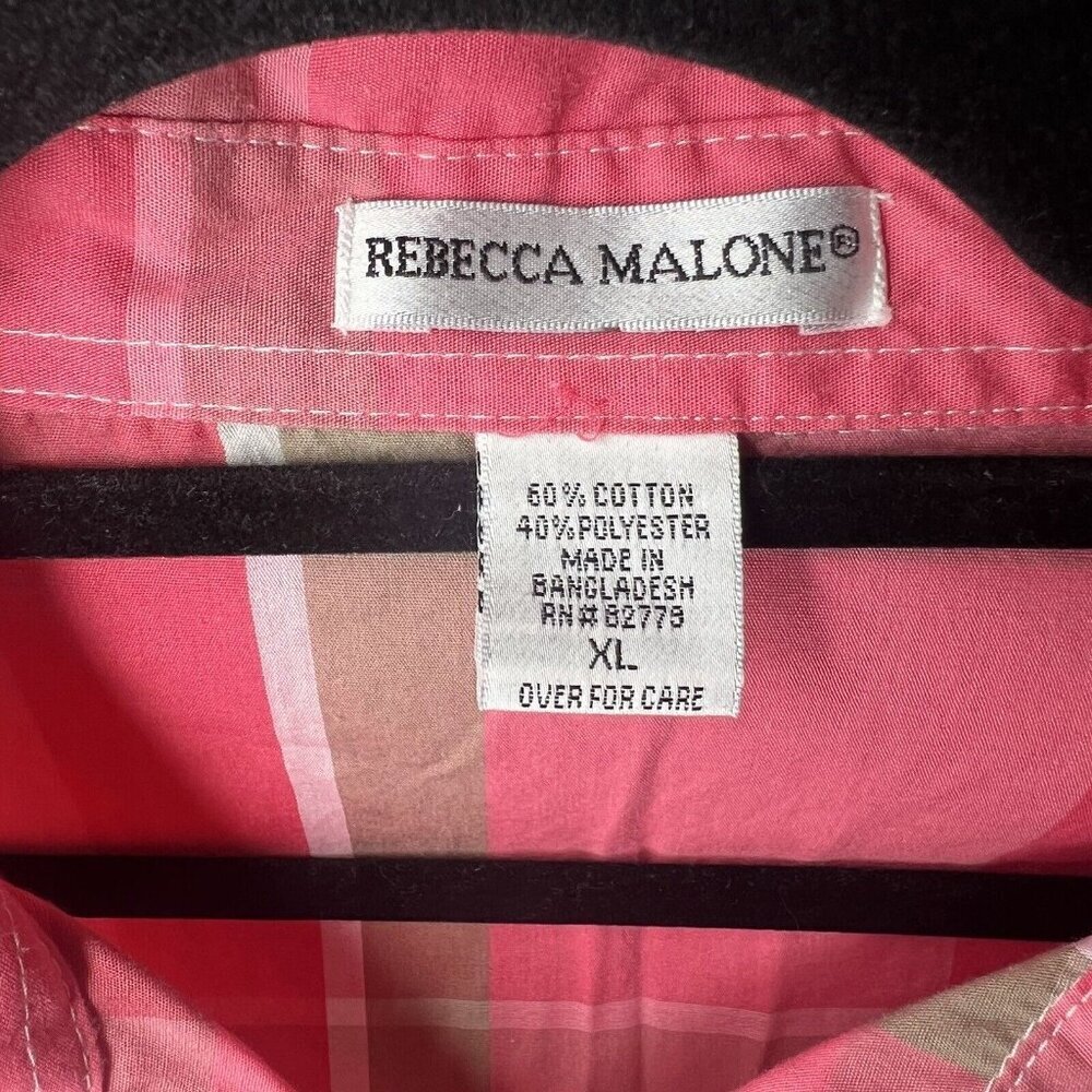 Rebecca Malone Top XL Casual Button Up 3/4 Sleeve Pink Plaid Blouse Collared - Picture 6 of 8